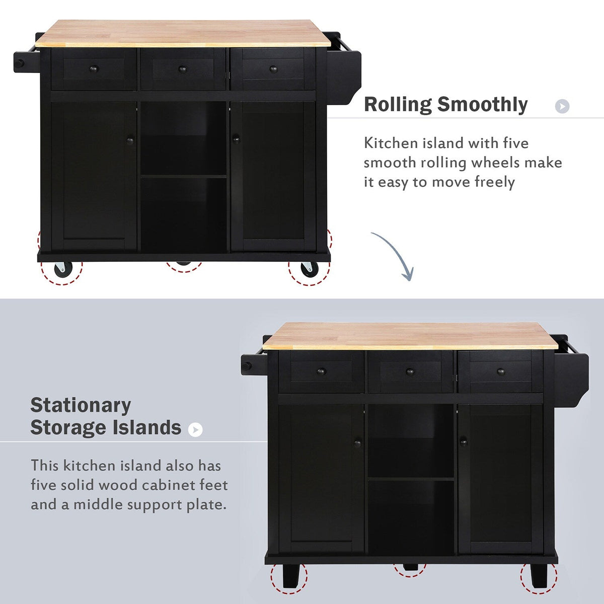 SINOFURN Black Mdf Base with Wood Top Rolling Kitchen Cart (17.7-in x 53.1-in x 37.2-in)