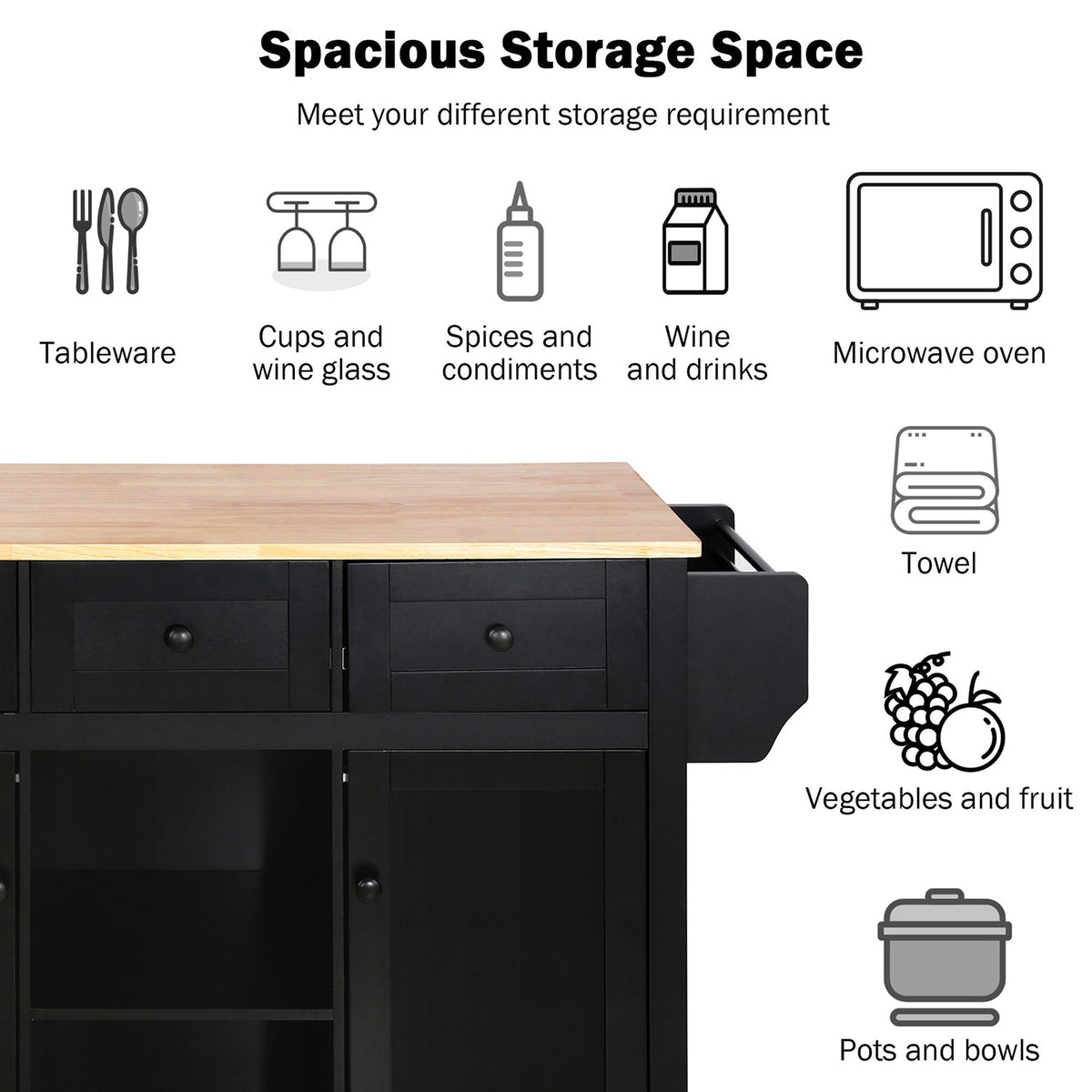 SINOFURN Black Mdf Base with Wood Top Rolling Kitchen Cart (17.7-in x 53.1-in x 37.2-in)