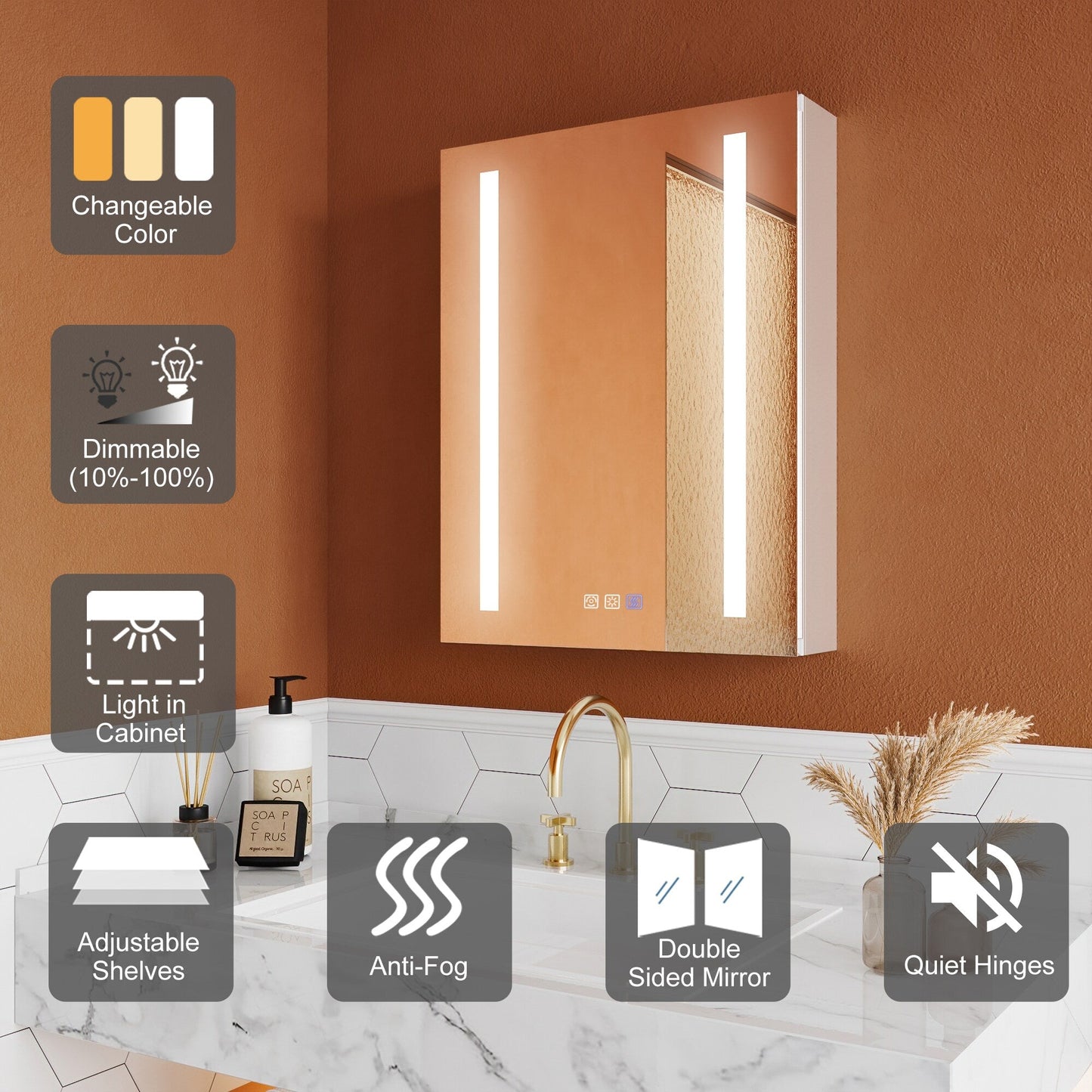 ExBrite Opale 20-in x 26-in Lighted LED Fog Free Surface/Recessed Mount Silver- 2 Light-26"h- Left Mirrored Soft Close Medicine Cabinet with Outlet