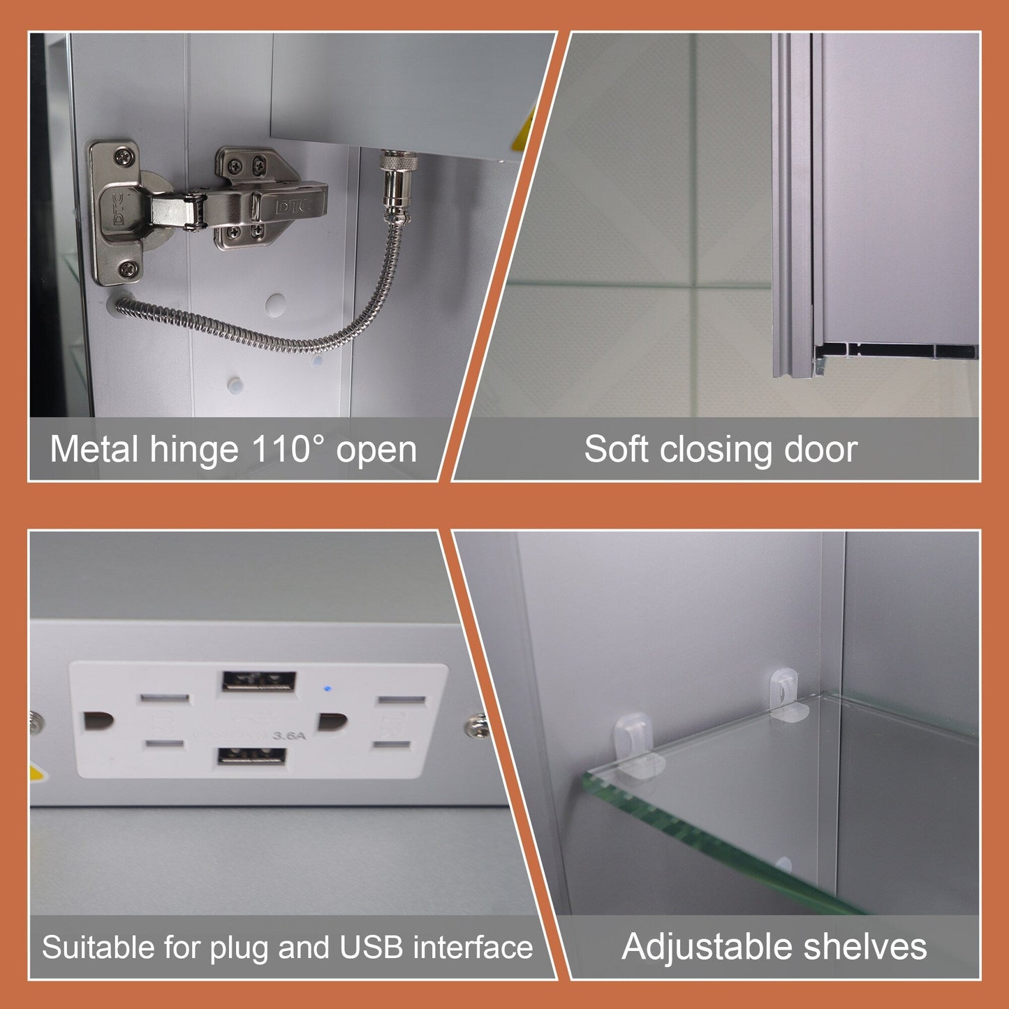 ExBrite Opale 20-in x 26-in Lighted LED Fog Free Surface/Recessed Mount Silver- 26"h- Right Mirrored Soft Close Medicine Cabinet with Outlet