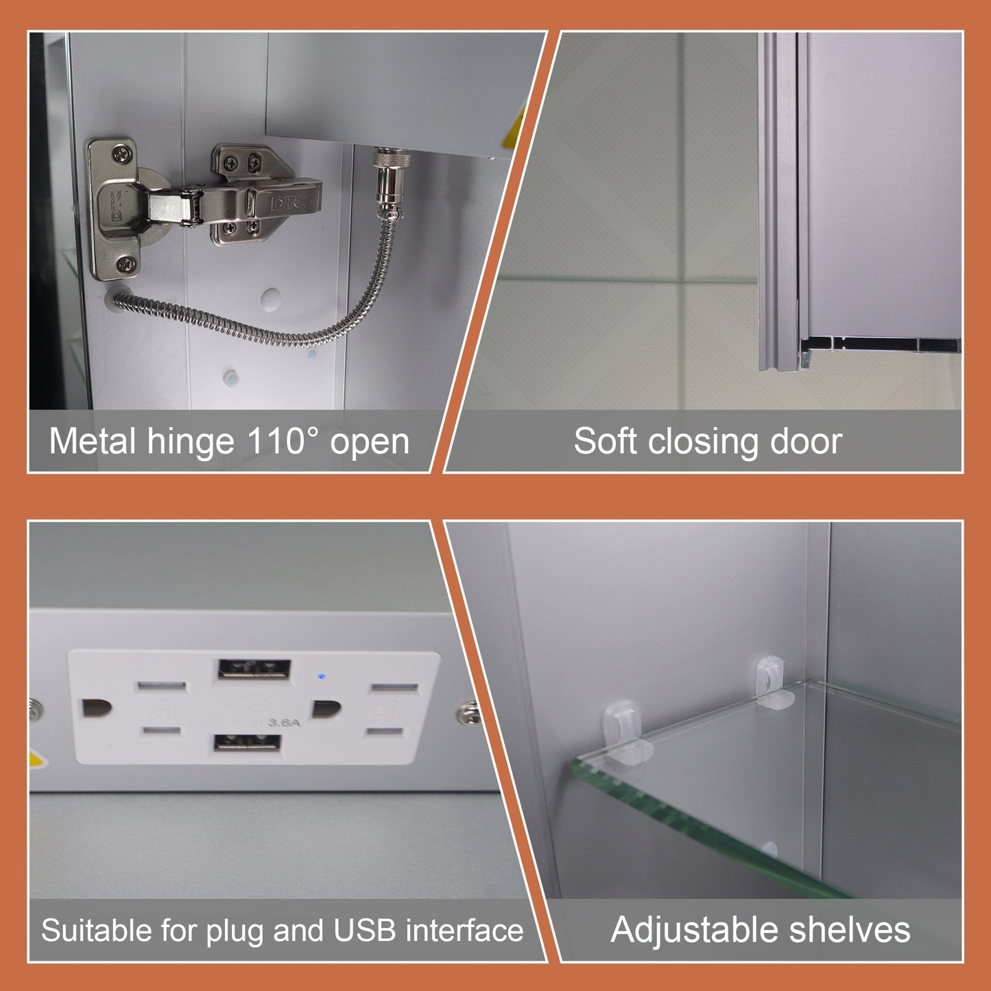 ExBrite Opale 44-in x 30-in Lighted LED Fog Free Surface/Recessed Mount Silver- 30"h Mirrored Soft Close Medicine Cabinet with Outlet