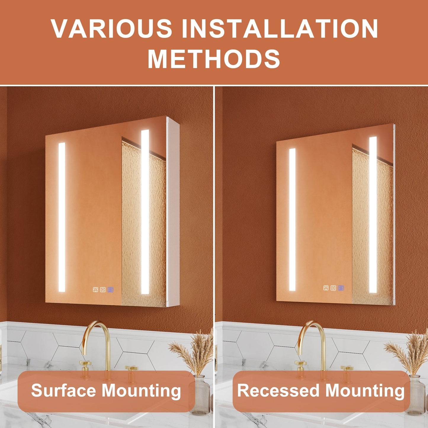 ExBrite Opale 20-in x 26-in Lighted LED Fog Free Surface/Recessed Mount Silver- 2 Light-26"h- Left Mirrored Soft Close Medicine Cabinet with Outlet