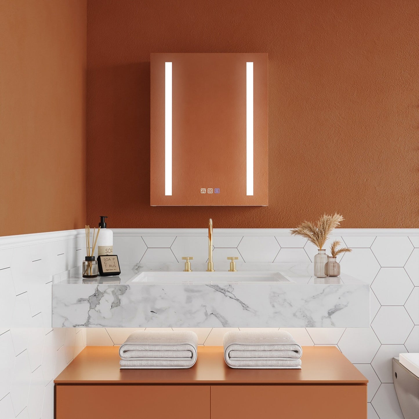 ExBrite Opale 20-in x 26-in Lighted LED Fog Free Surface/Recessed Mount Silver- 2 Light-26"h- Left Mirrored Soft Close Medicine Cabinet with Outlet
