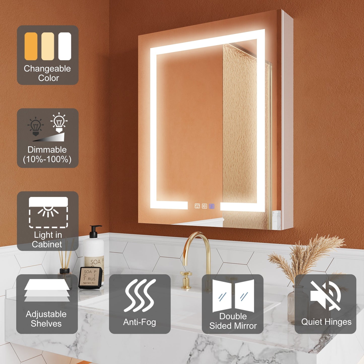 ExBrite Opale 24-in x 30-in Lighted LED Fog Free Surface/Recessed Mount Silver- 30"h- Left Mirrored Soft Close Medicine Cabinet with Outlet