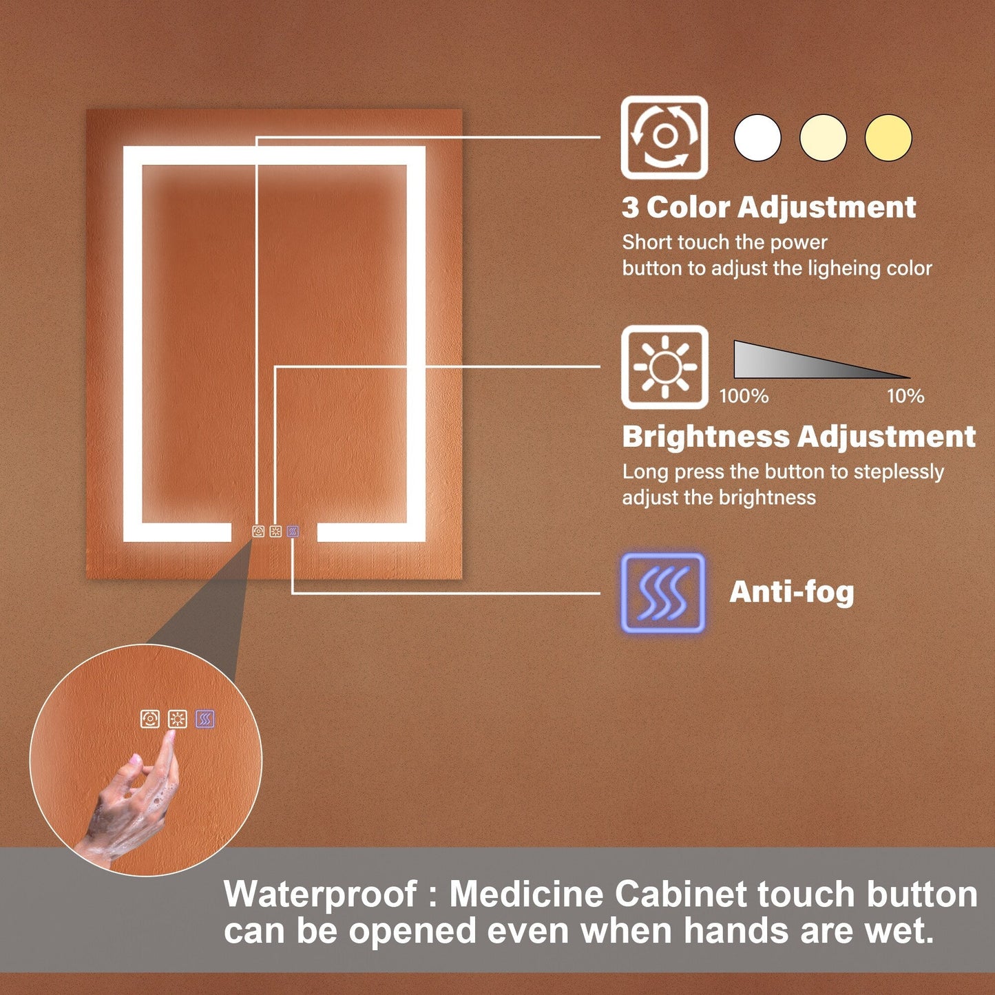 ExBrite Opale 24-in x 30-in Lighted LED Fog Free Surface/Recessed Mount Silver- 30"h- Left Mirrored Soft Close Medicine Cabinet with Outlet