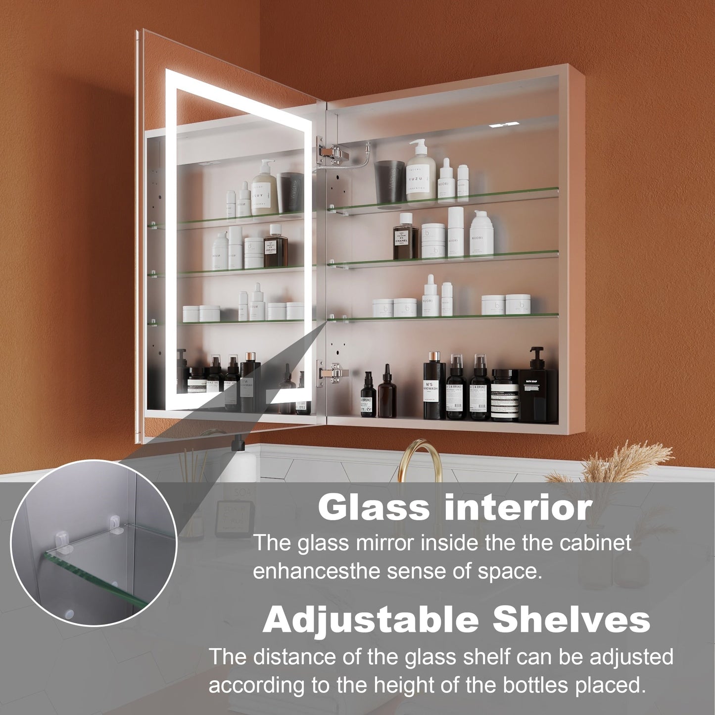 ExBrite Opale 24-in x 30-in Lighted LED Fog Free Surface/Recessed Mount Silver- 30"h- Left Mirrored Soft Close Medicine Cabinet with Outlet