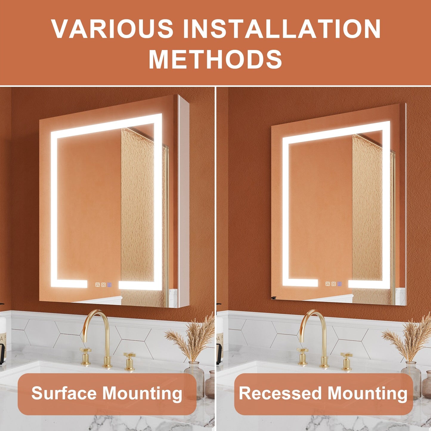ExBrite Opale 24-in x 30-in Lighted LED Fog Free Surface/Recessed Mount Silver- 30"h- Left Mirrored Soft Close Medicine Cabinet with Outlet