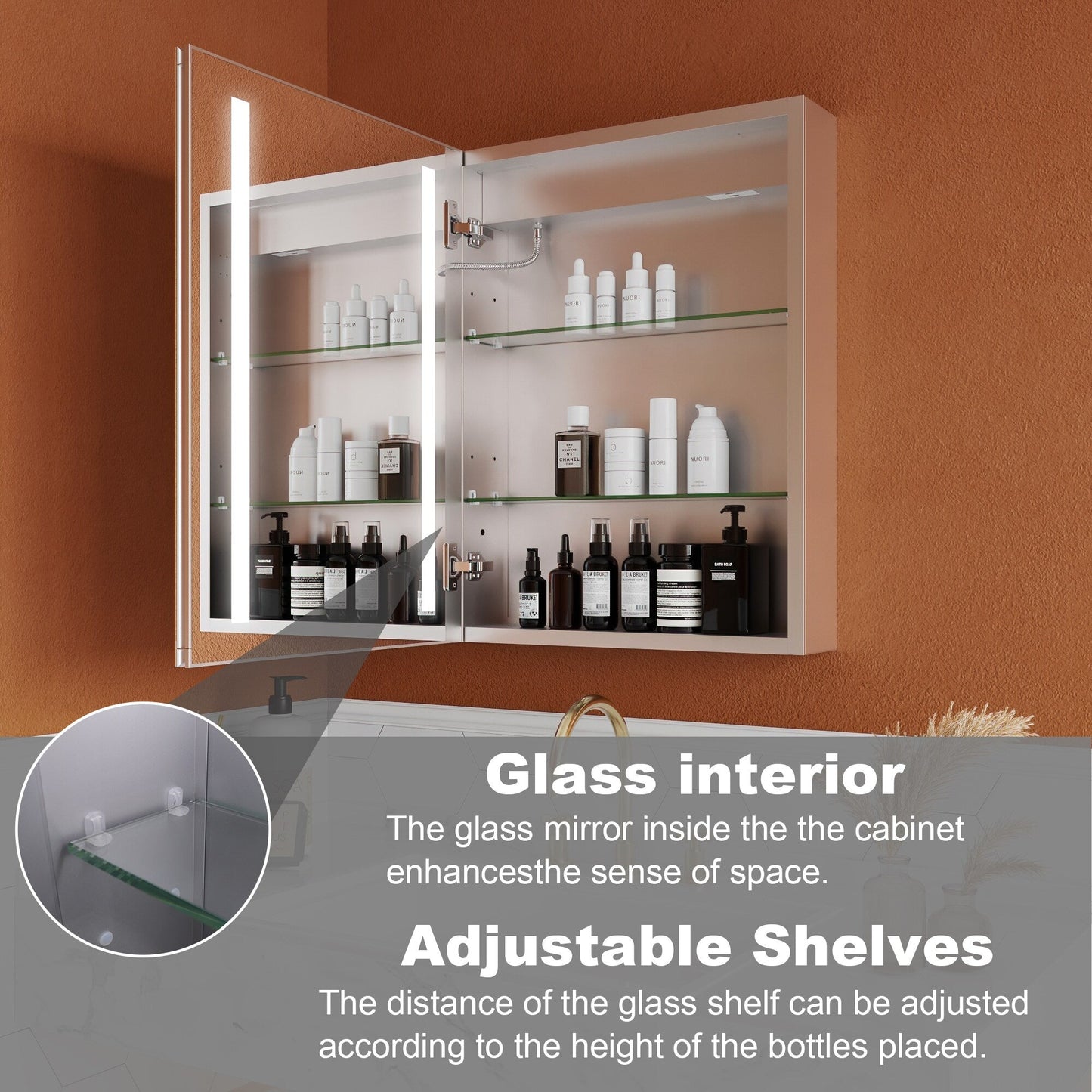 ExBrite Opale 20-in x 26-in Lighted LED Fog Free Surface/Recessed Mount Silver- 2 Light-26"h- Left Mirrored Soft Close Medicine Cabinet with Outlet
