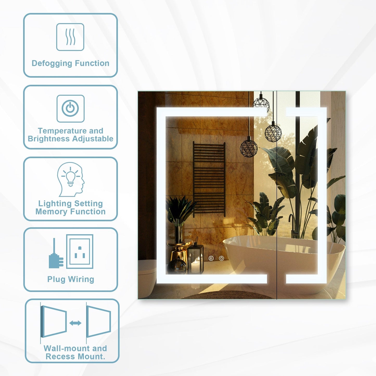 Forclover 36-in x 30-in Lighted LED Fog Free Surface/Recessed Mount Silver Mirrored Soft Close Medicine Cabinet with Outlet
