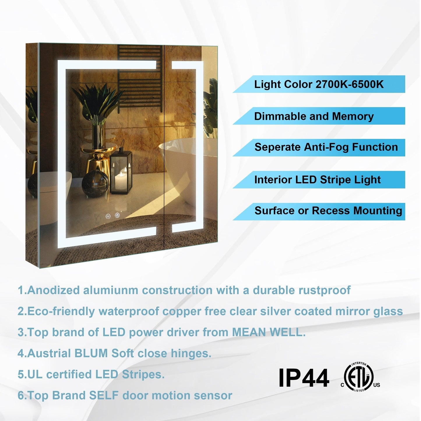 Forclover 36-in x 30-in Lighted LED Fog Free Surface/Recessed Mount Silver Mirrored Soft Close Medicine Cabinet with Outlet