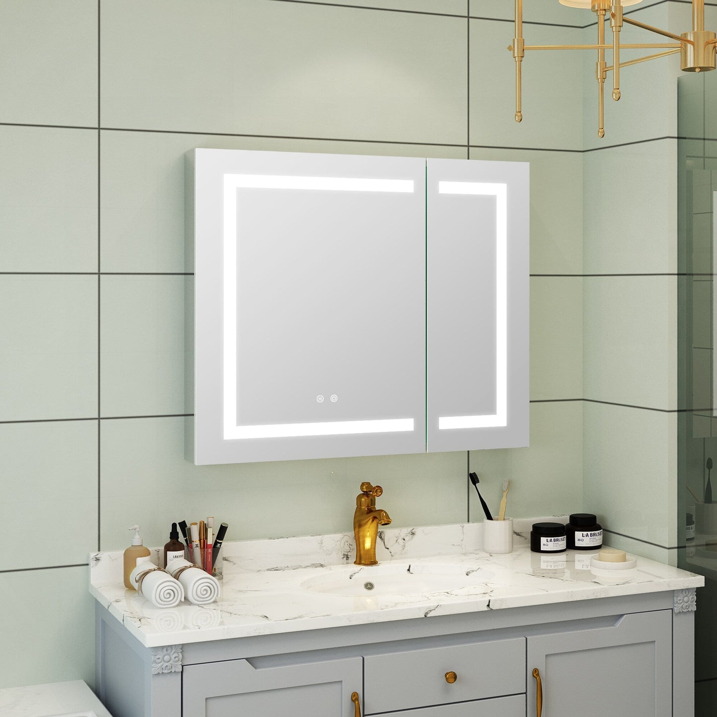 Forclover 36-in x 30-in Lighted LED Fog Free Surface/Recessed Mount Silver Mirrored Soft Close Medicine Cabinet with Outlet