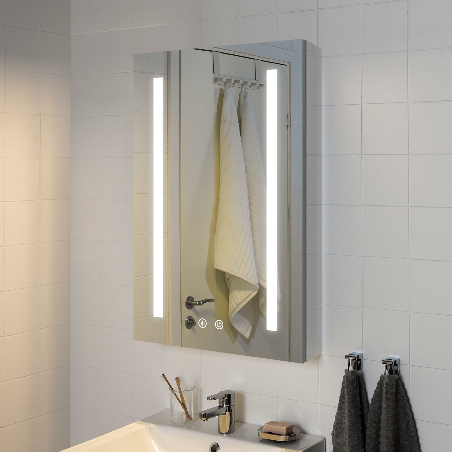 Forclover 24-in x 30-in Lighted LED Fog Free Surface/Recessed Mount Silver Mirrored Soft Close Medicine Cabinet with Outlet