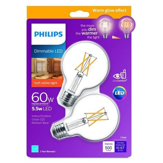 Philips 60-Watt Equivalent G25 Dimmable LED Indoor/Outdoor Light Bulb Clear with Warm Glow Effect Soft White (2700K) (2-Pack)