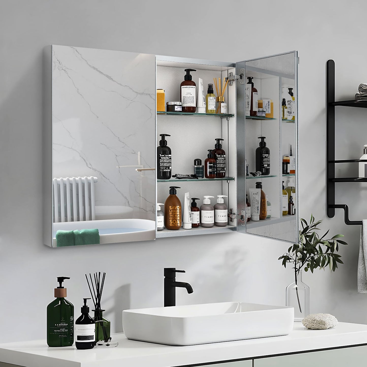Forclover 30-in x 26-in Surface/Recessed Mount Silver Mirrored Soft Close Medicine Cabinet