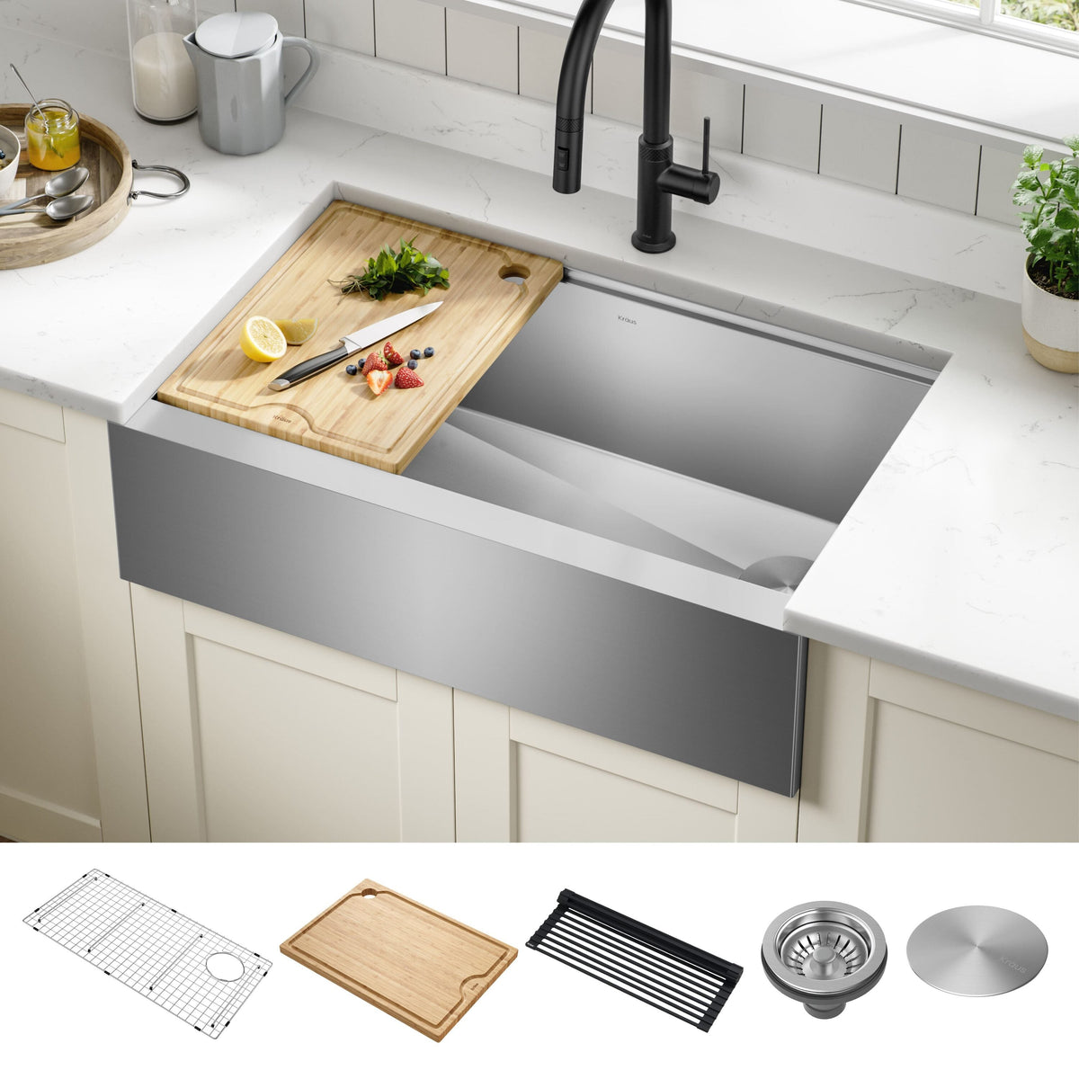 Kraus Kore 32.88-in x 20.25-in Stainless Steel Single Bowl Tall (8-in or Larger) Undermount Apron Front/Farmhouse Workstation Kitchen Sink All-in-One Kit with Drainboard