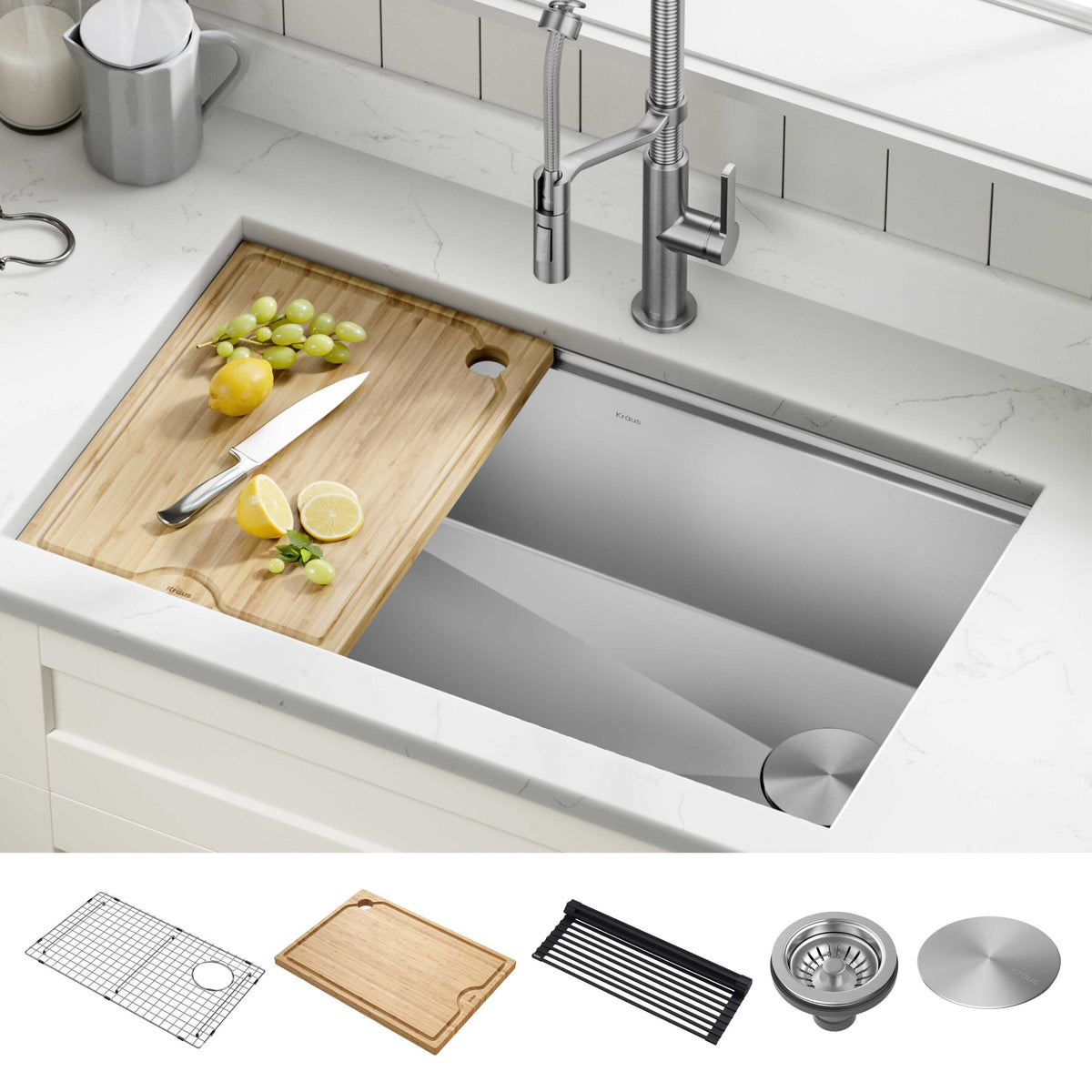 Kraus Kore Workstation 32-in x 19-in Stainless Steel Single Bowl Undermount Kitchen Sink All-in-One Kit