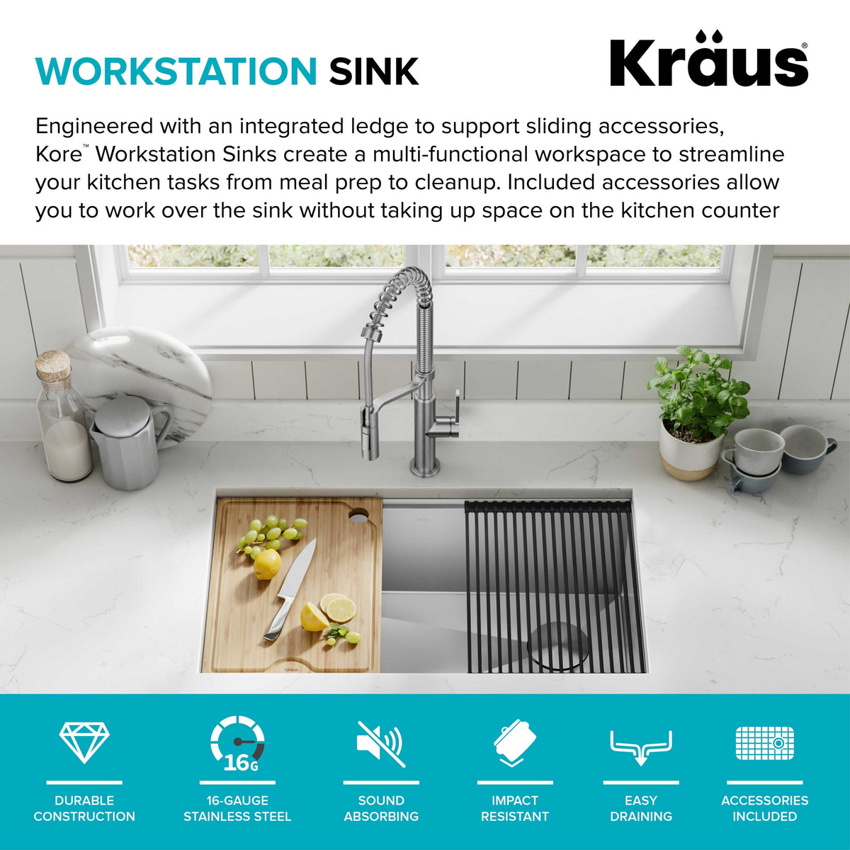 Kraus Kore Workstation 32-in x 19-in Stainless Steel Single Bowl Undermount Kitchen Sink All-in-One Kit