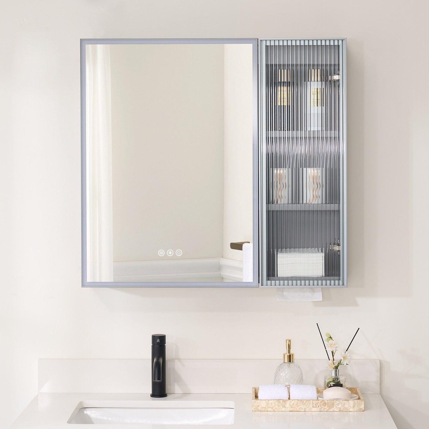 Forclover 30-in x 28-in Lighted LED Fog Free Surface Mount Gray Mirrored Soft Close Medicine Cabinet with Outlet