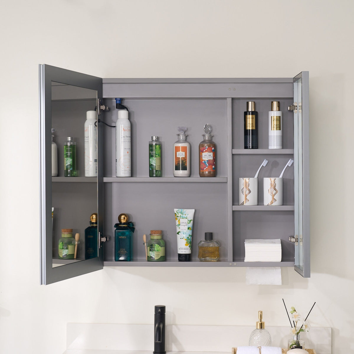 Forclover 30-in x 28-in Lighted LED Fog Free Surface Mount Gray Mirrored Soft Close Medicine Cabinet with Outlet