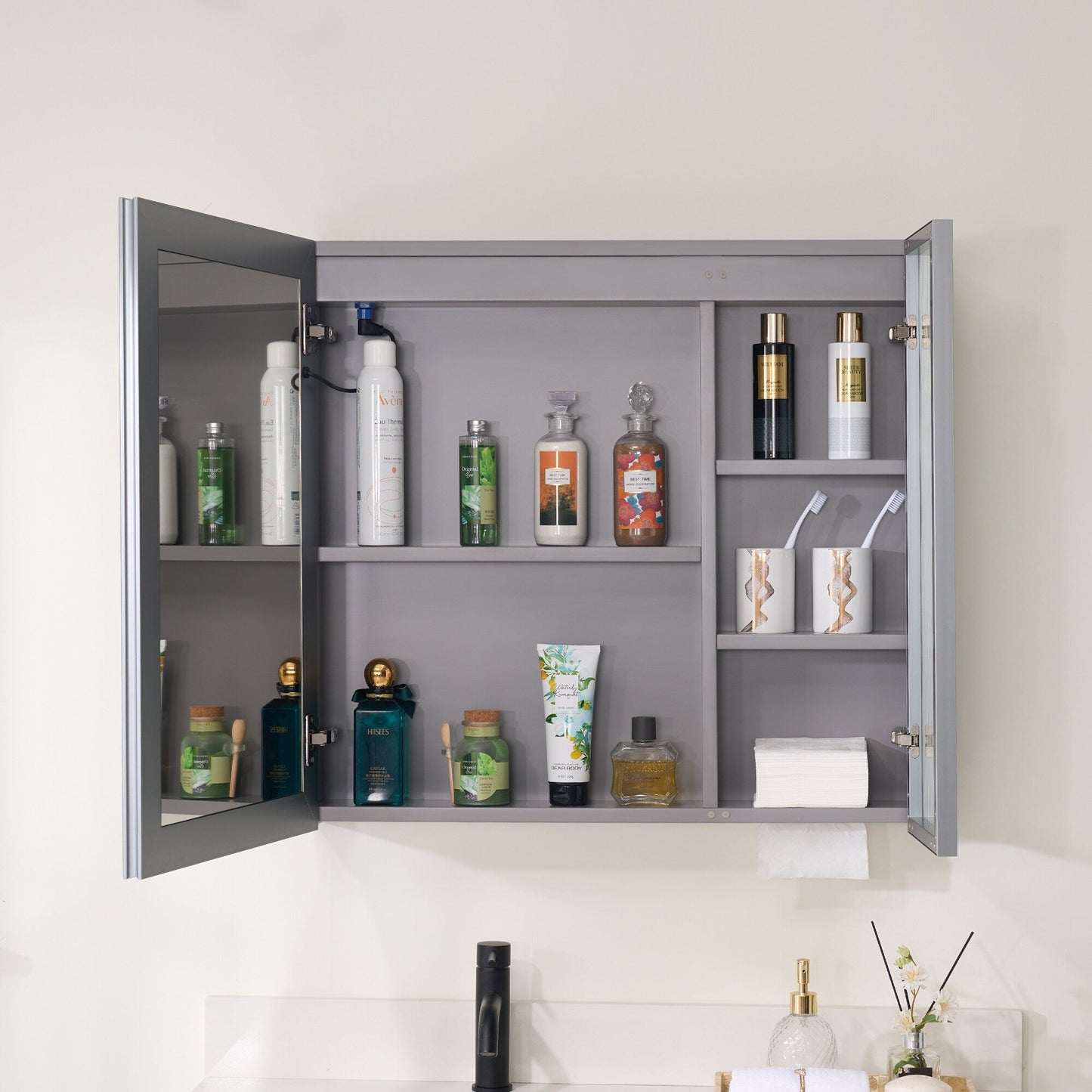 Forclover 30-in x 28-in Lighted LED Fog Free Surface Mount Gray Mirrored Soft Close Medicine Cabinet with Outlet