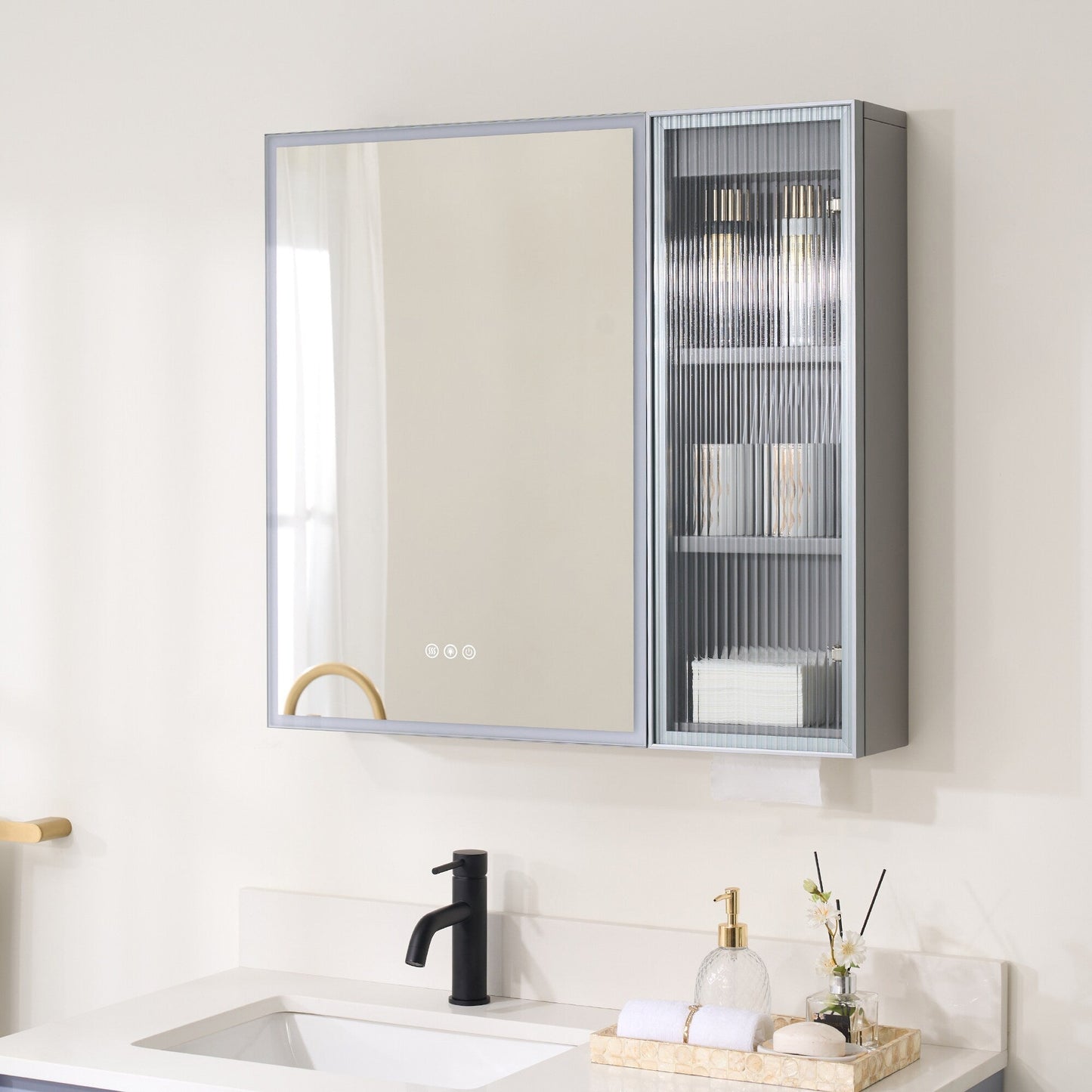 Forclover 30-in x 28-in Lighted LED Fog Free Surface Mount Gray Mirrored Soft Close Medicine Cabinet with Outlet