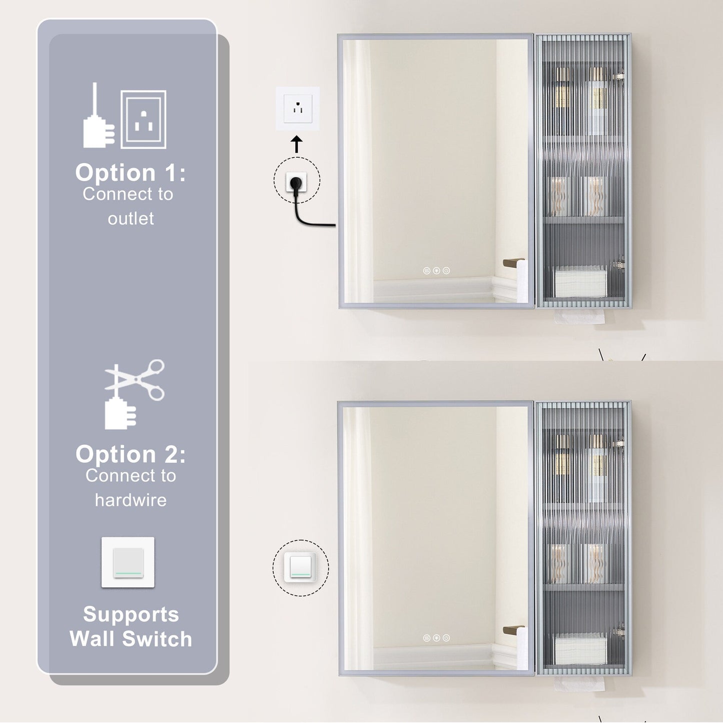 Forclover 30-in x 28-in Lighted LED Fog Free Surface Mount Gray Mirrored Soft Close Medicine Cabinet with Outlet