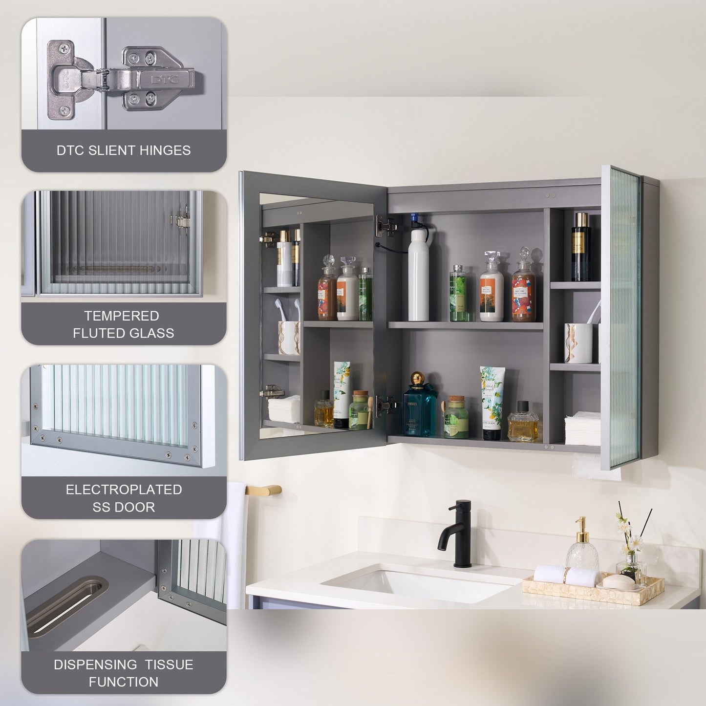 Forclover 30-in x 28-in Lighted LED Fog Free Surface Mount Gray Mirrored Soft Close Medicine Cabinet with Outlet