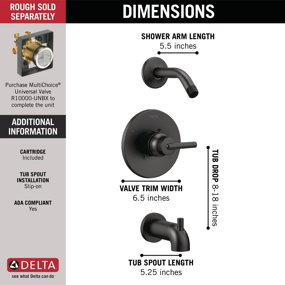 Delta Trinsic Monitor 14 Series Tub and Shower Trim – Less Shower Head, Matte Black