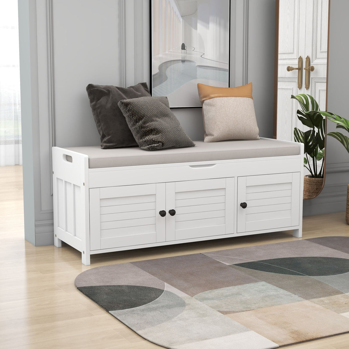 Qualler Modern White Storage Bench 43.5-in x 16-in x 18-in
