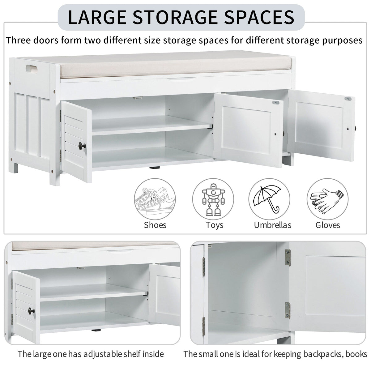 Qualler Modern White Storage Bench 43.5-in x 16-in x 18-in