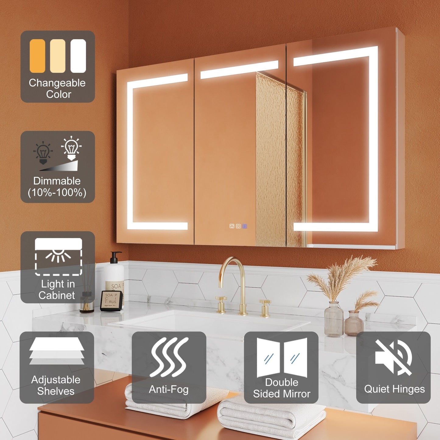 ExBrite Opale 48-in x 30-in Lighted LED Fog Free Surface/Recessed Mount Silver- 30"h Mirrored Soft Close Medicine Cabinet with Outlet