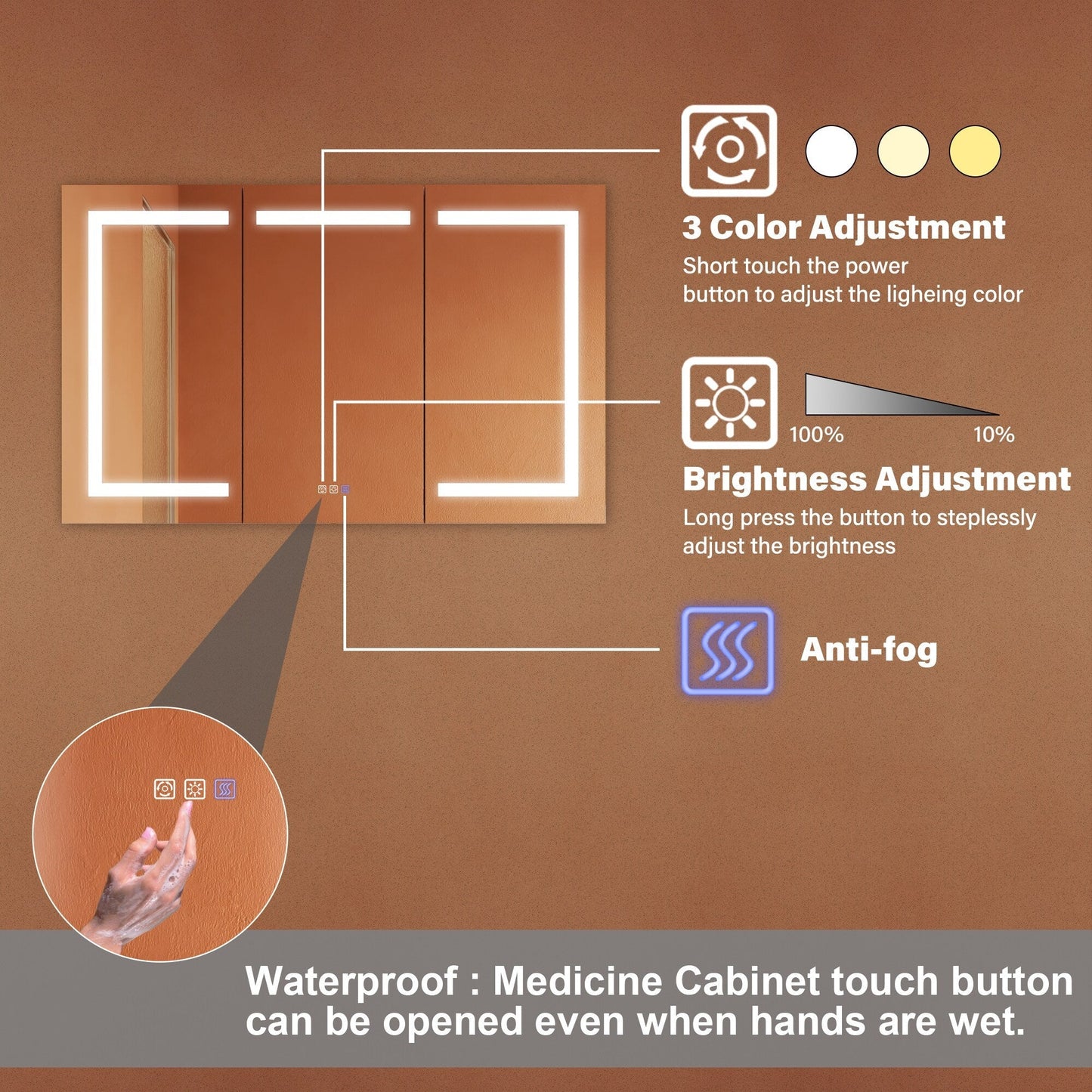 ExBrite Opale 48-in x 30-in Lighted LED Fog Free Surface/Recessed Mount Silver- 30"h Mirrored Soft Close Medicine Cabinet with Outlet