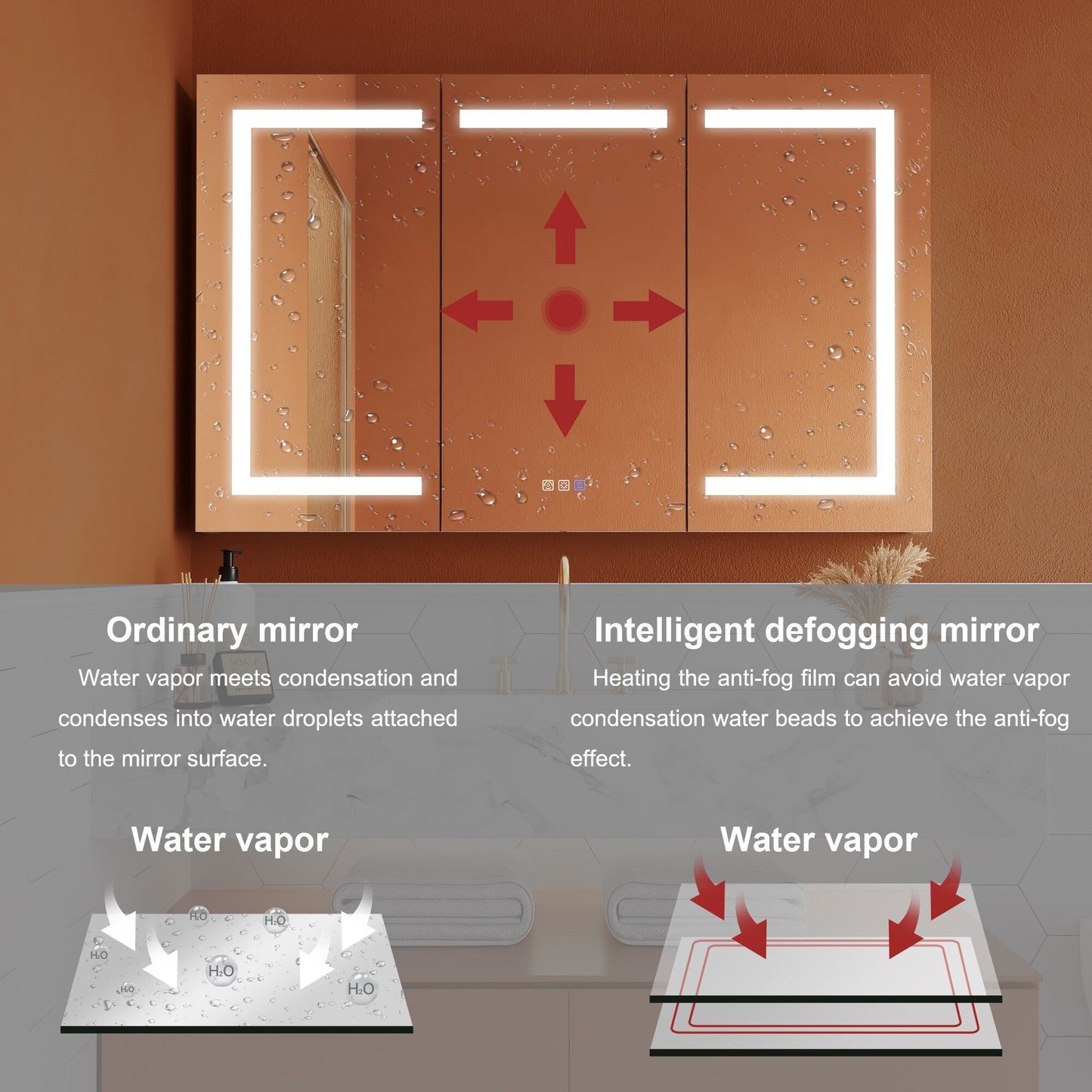 ExBrite Opale 48-in x 30-in Lighted LED Fog Free Surface/Recessed Mount Silver- 30"h Mirrored Soft Close Medicine Cabinet with Outlet