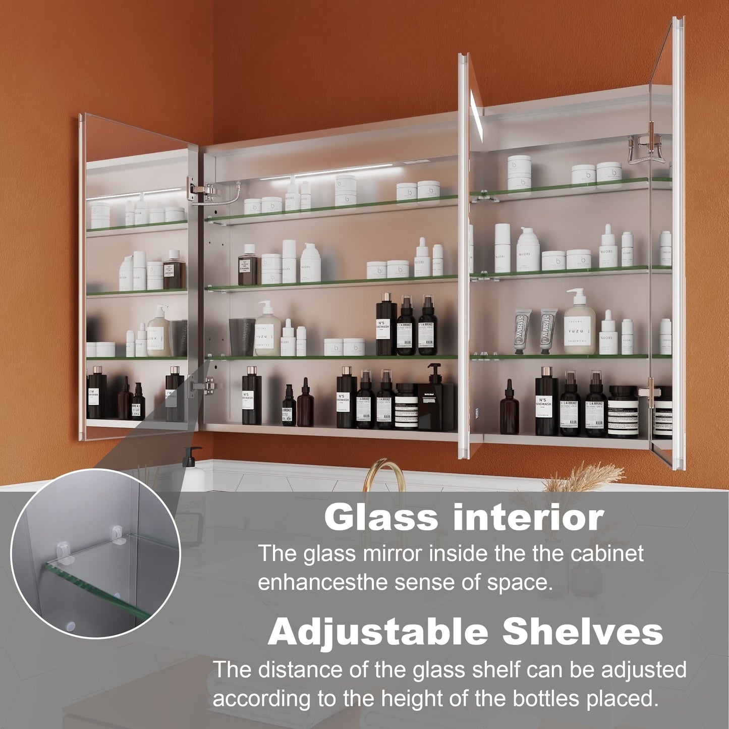 ExBrite Opale 48-in x 30-in Lighted LED Fog Free Surface/Recessed Mount Silver- 30"h Mirrored Soft Close Medicine Cabinet with Outlet