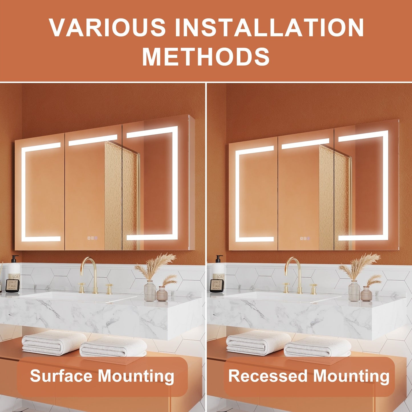 ExBrite Opale 48-in x 30-in Lighted LED Fog Free Surface/Recessed Mount Silver- 30"h Mirrored Soft Close Medicine Cabinet with Outlet