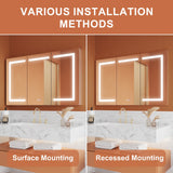 ExBrite Opale 48-in x 30-in Lighted LED Fog Free Surface/Recessed Mount Silver- 30"h Mirrored Soft Close Medicine Cabinet with Outlet