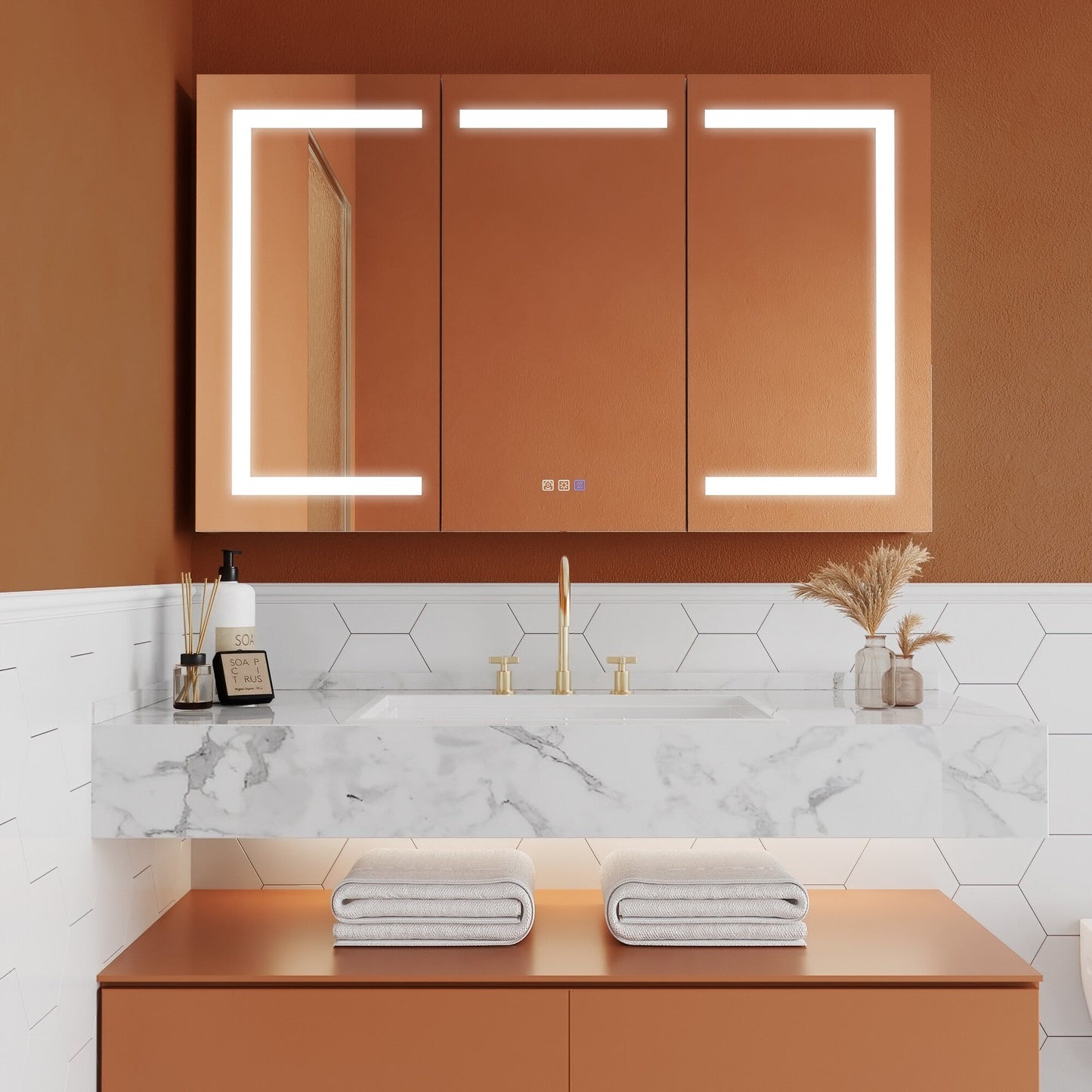 ExBrite Opale 48-in x 30-in Lighted LED Fog Free Surface/Recessed Mount Silver- 30"h Mirrored Soft Close Medicine Cabinet with Outlet