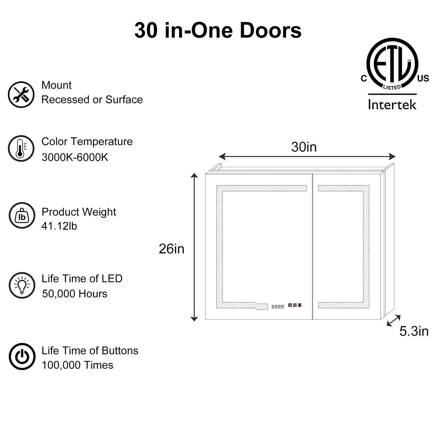 ExBrite Opale 30-in x 26-in Lighted LED Fog Free Surface/Recessed Mount Silver- 26"h Mirrored Soft Close Medicine Cabinet with Outlet