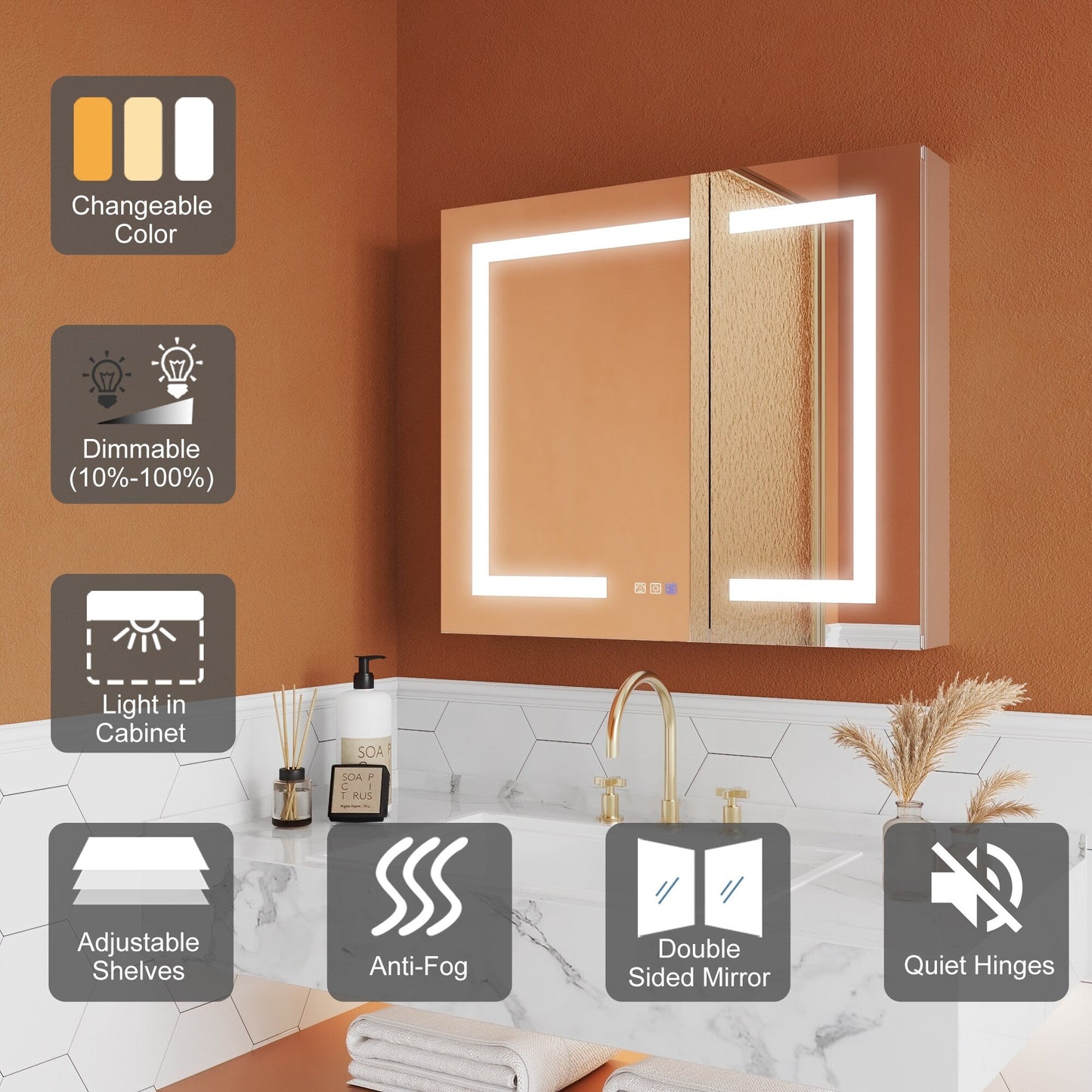 ExBrite Opale 30-in x 26-in Lighted LED Fog Free Surface/Recessed Mount Silver- 26"h Mirrored Soft Close Medicine Cabinet with Outlet
