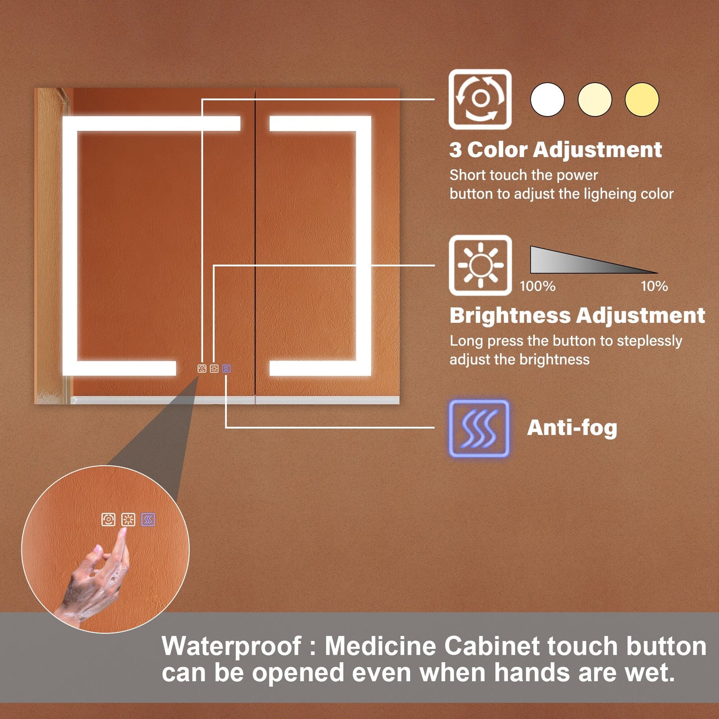 ExBrite Opale 30-in x 26-in Lighted LED Fog Free Surface/Recessed Mount Silver- 26"h Mirrored Soft Close Medicine Cabinet with Outlet