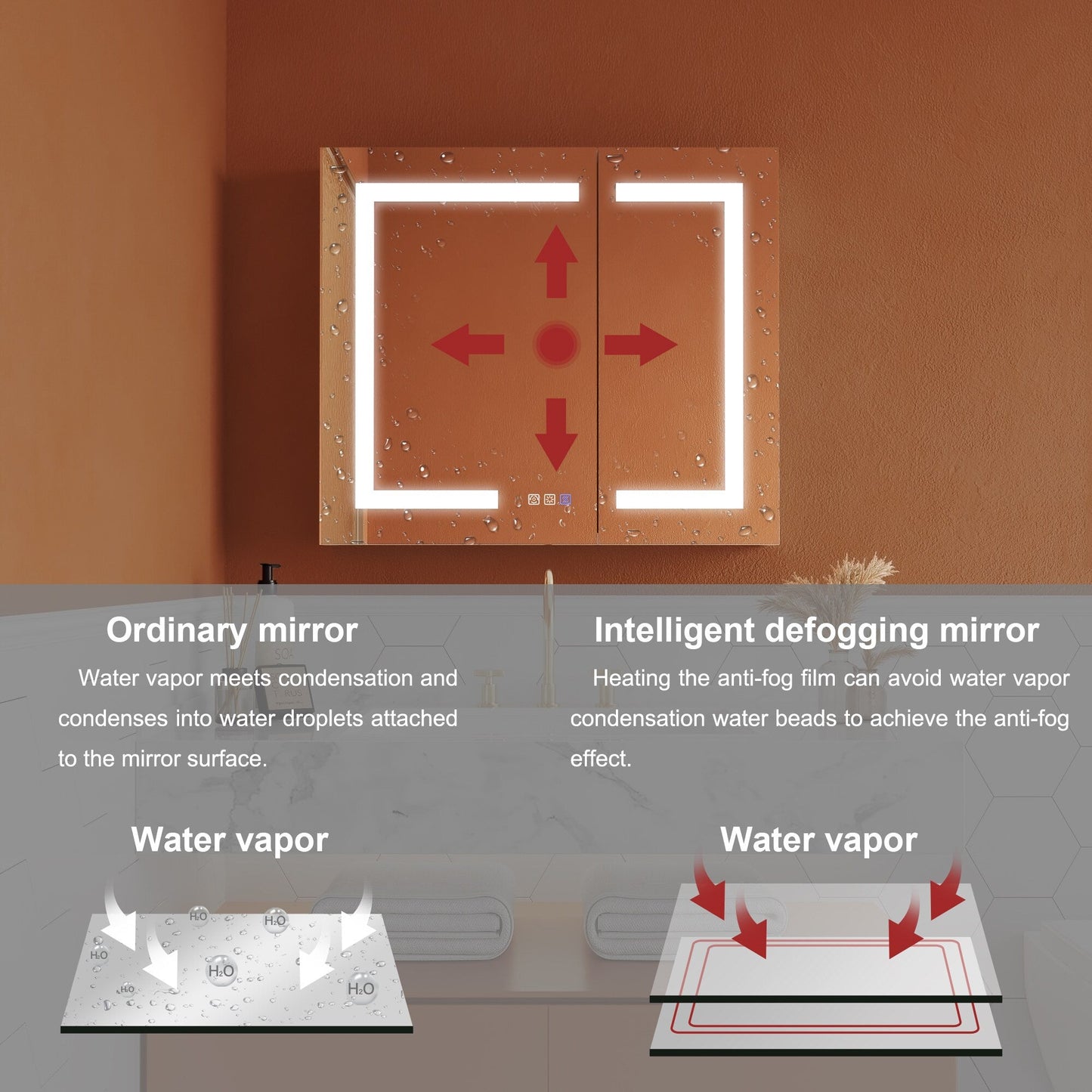 ExBrite Opale 30-in x 26-in Lighted LED Fog Free Surface/Recessed Mount Silver- 26"h Mirrored Soft Close Medicine Cabinet with Outlet
