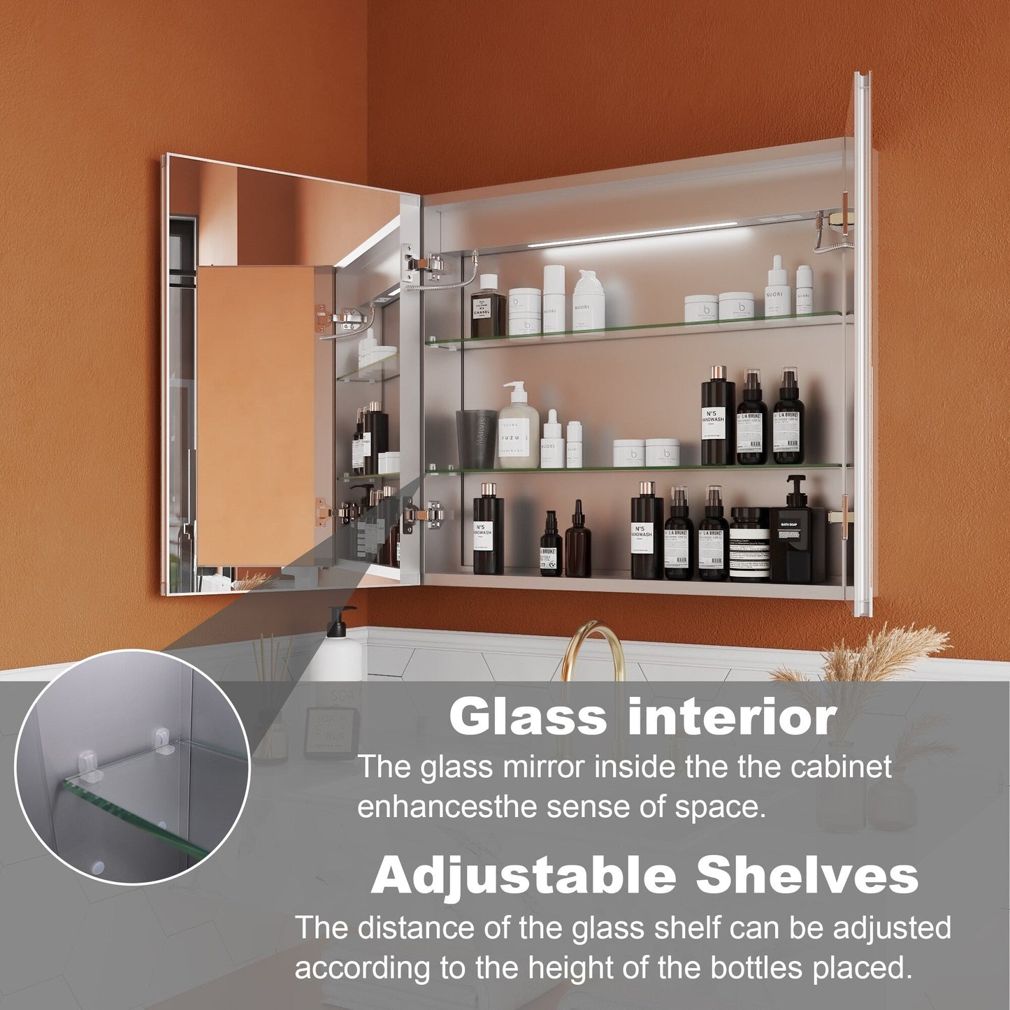 ExBrite Opale 30-in x 26-in Lighted LED Fog Free Surface/Recessed Mount Silver- 26"h Mirrored Soft Close Medicine Cabinet with Outlet