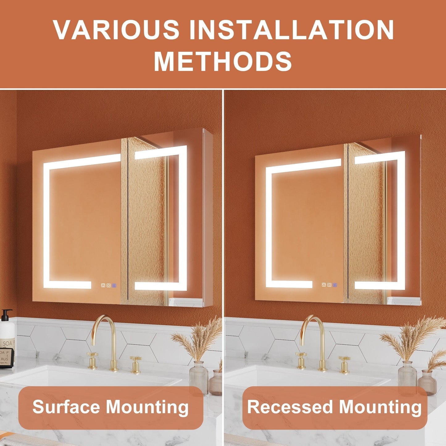 ExBrite Opale 30-in x 26-in Lighted LED Fog Free Surface/Recessed Mount Silver- 26"h Mirrored Soft Close Medicine Cabinet with Outlet