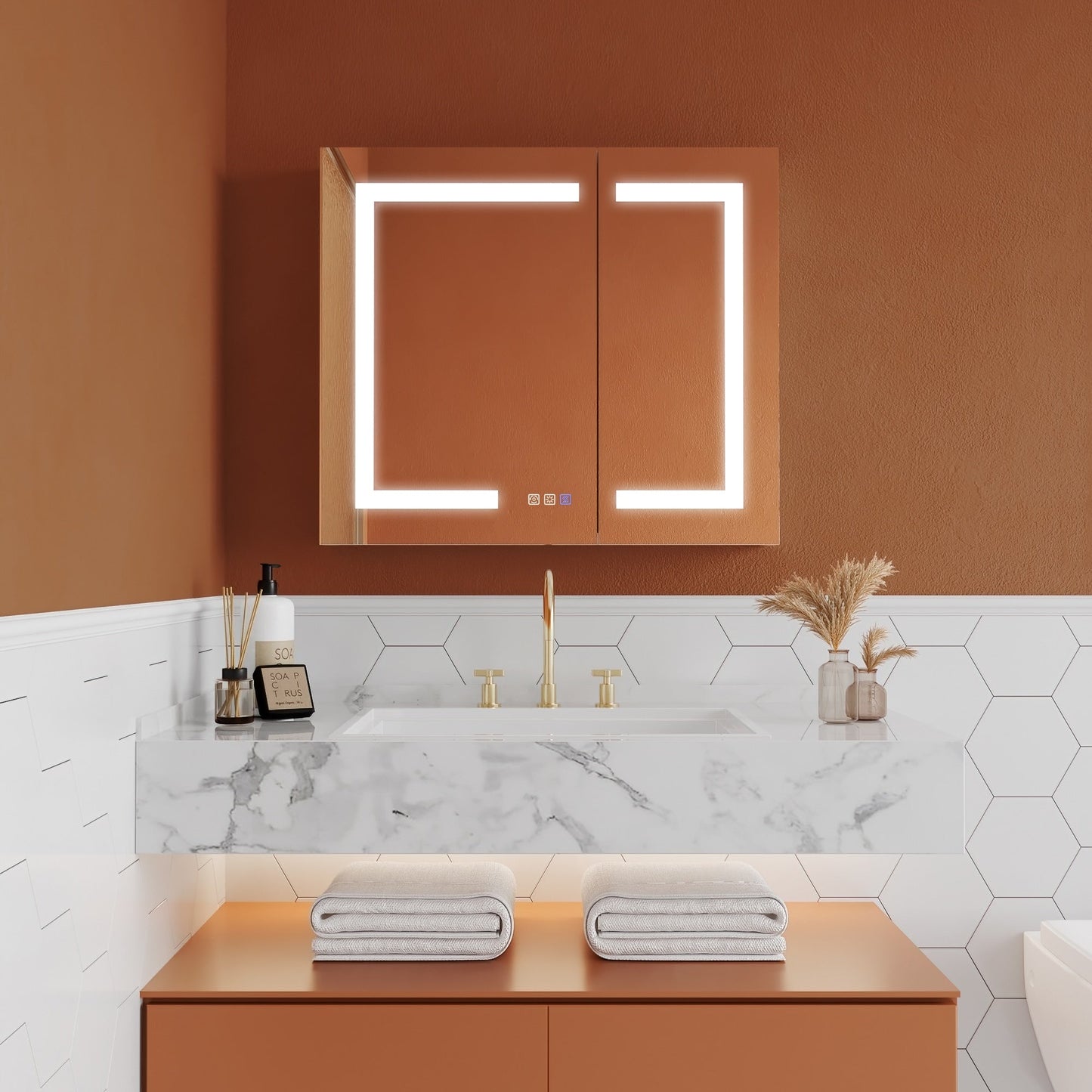 ExBrite Opale 30-in x 26-in Lighted LED Fog Free Surface/Recessed Mount Silver- 26"h Mirrored Soft Close Medicine Cabinet with Outlet