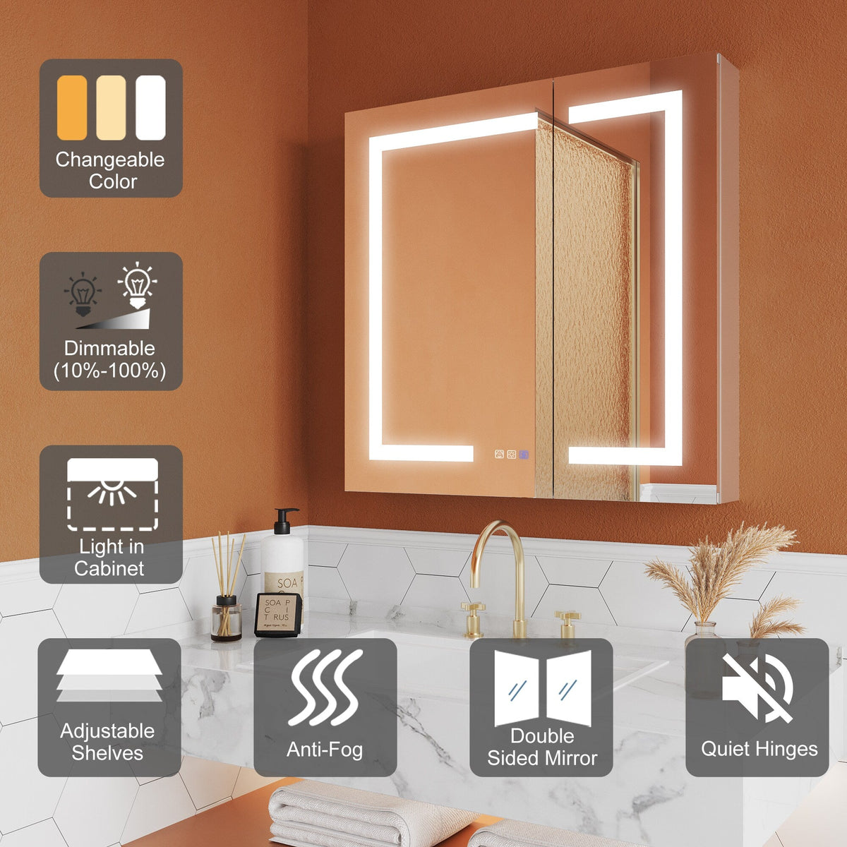 ExBrite Opale 30-in x 30-in Lighted LED Fog Free Surface/Recessed Mount Silver- 30"h Mirrored Soft Close Medicine Cabinet with Outlet