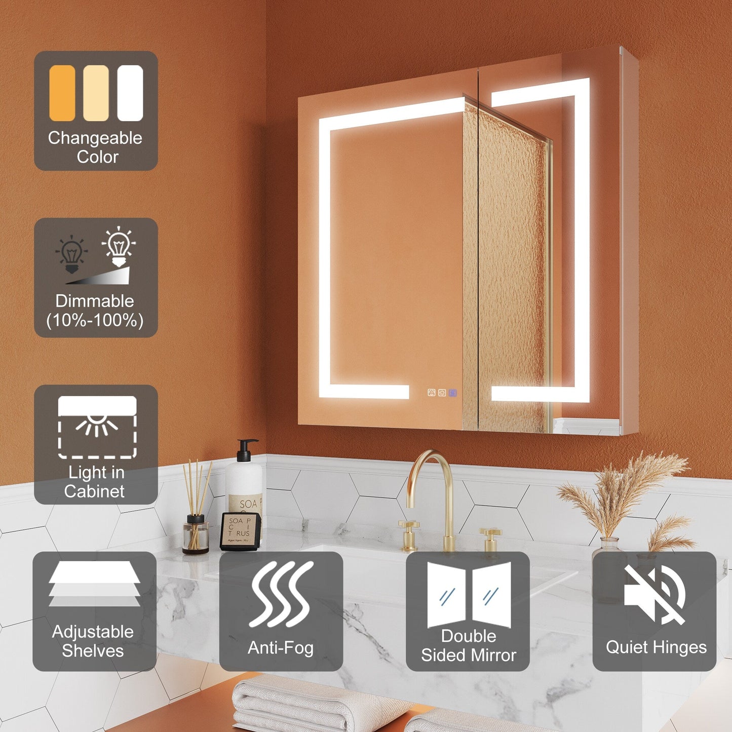 ExBrite Opale 30-in x 30-in Lighted LED Fog Free Surface/Recessed Mount Silver- 30"h Mirrored Soft Close Medicine Cabinet with Outlet