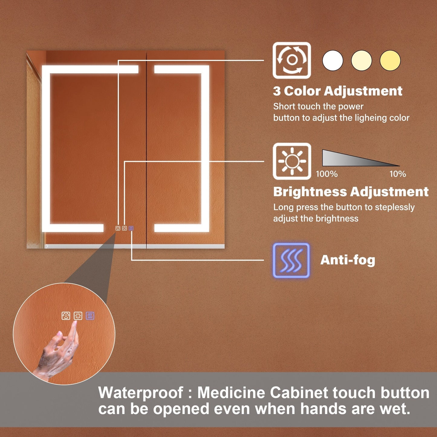 ExBrite Opale 30-in x 30-in Lighted LED Fog Free Surface/Recessed Mount Silver- 30"h Mirrored Soft Close Medicine Cabinet with Outlet
