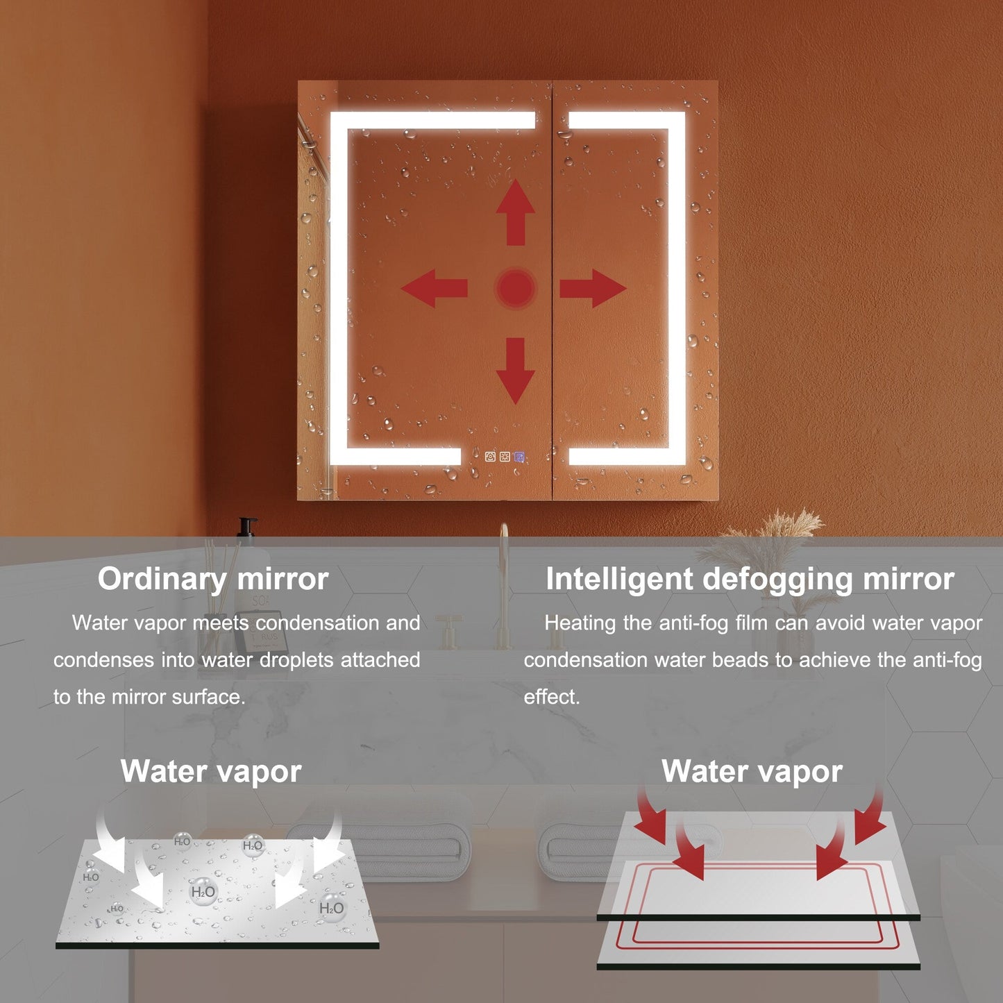 ExBrite Opale 30-in x 30-in Lighted LED Fog Free Surface/Recessed Mount Silver- 30"h Mirrored Soft Close Medicine Cabinet with Outlet