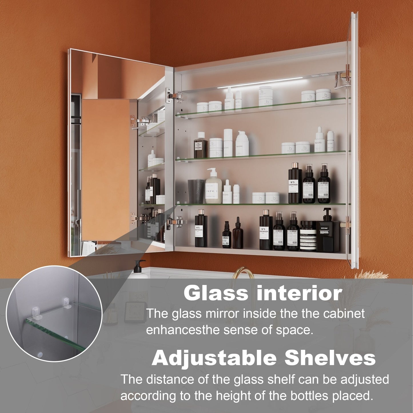 ExBrite Opale 30-in x 30-in Lighted LED Fog Free Surface/Recessed Mount Silver- 30"h Mirrored Soft Close Medicine Cabinet with Outlet