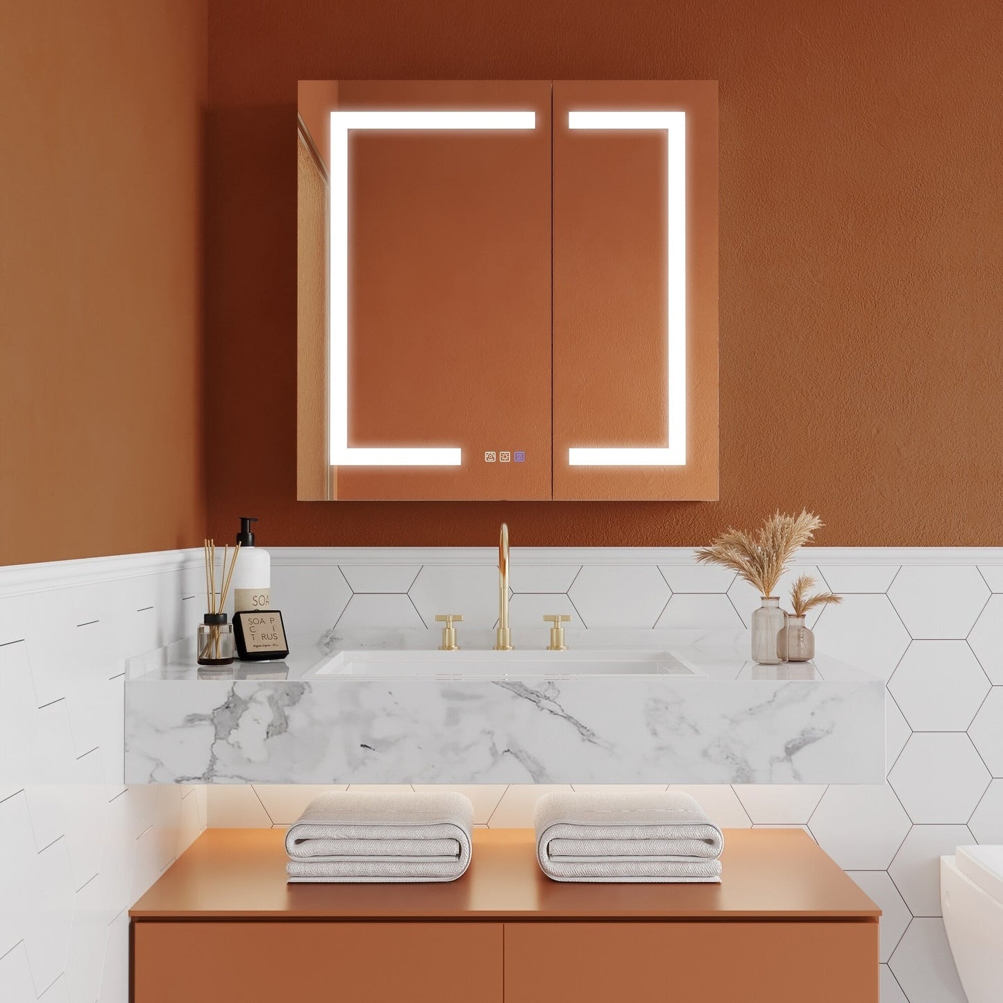 ExBrite Opale 30-in x 30-in Lighted LED Fog Free Surface/Recessed Mount Silver- 30"h Mirrored Soft Close Medicine Cabinet with Outlet